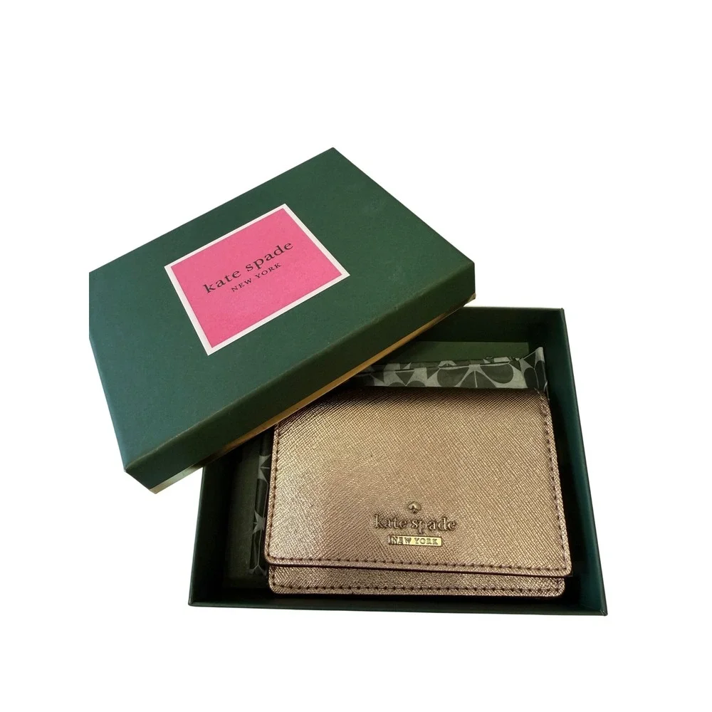 New Kate Spade Staci Metallic Rose Gold Leather Bi Fold Wallet Card Coin Purse